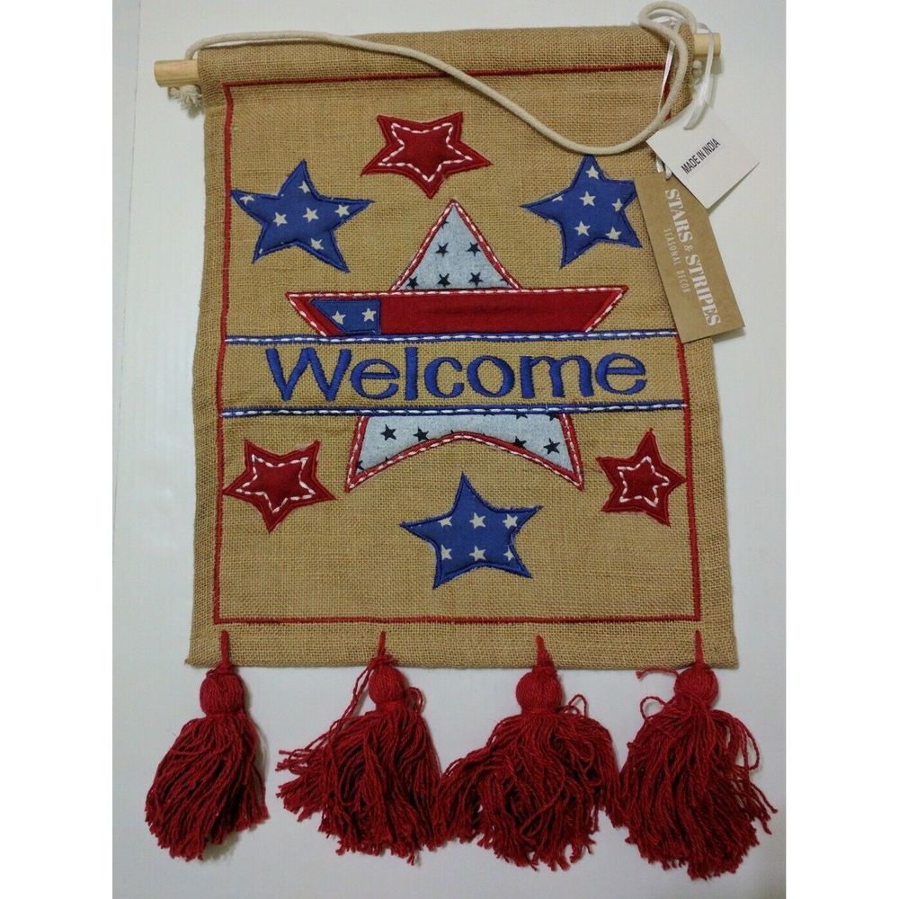 Stars & Stripes 4th of July Welcome Burlap Banner
